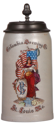 Stoneware stein, 1.0L, transfer & hand-painted, marked M. & W. Gr., Columbia Brewing Co., St. Louis, Mo., pewter lid: Columbia Brewing Co., St. Louis, Mo. marked Pauson, München, repaired hairlines on body, faint hairline on base. 