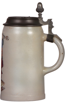 Stoneware stein, 1.0L, transfer & hand-painted, marked M. & W. Gr., Columbia Brewing Co., St. Louis, Mo., pewter lid: Columbia Brewing Co., St. Louis, Mo. marked Pauson, München, repaired hairlines on body, faint hairline on base.  - 2