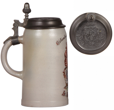 Stoneware stein, 1.0L, transfer & hand-painted, marked M. & W. Gr., Columbia Brewing Co., St. Louis, Mo., pewter lid: Columbia Brewing Co., St. Louis, Mo. marked Pauson, München, repaired hairlines on body, faint hairline on base.  - 3