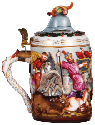 Porcelain stein, 1.0L, 8.5" ht., hand-painted relief, marked N with crown, Capo-di-Monte, porcelain lid, mint. - 4