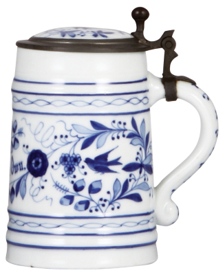 Porcelain stein, .5L, transfer & hand-painted, Faust's Own, porcelain inlaid lid: photograph of Tony Faust, faint lithophane line, otherwise mint. - 2