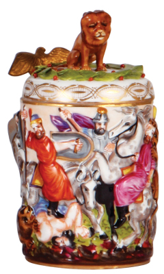 Porcelain stein, .3L, 6.5" ht., hand-painted relief, marked N with crown, Capo-di-Monte, porcelain lid, mint.