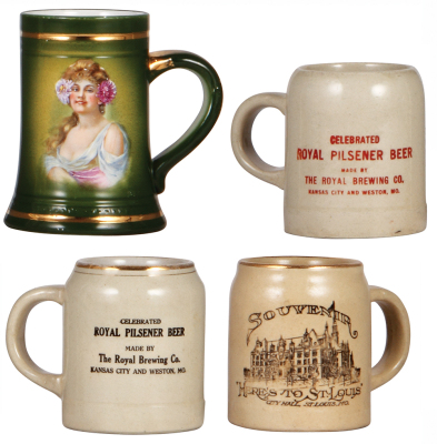 Four brewery mugs, 4.0" to 5.0" ht., 1. porcelain, Fred Sehring Brewing, Co., Joliet, ILL.; 2. & 3., stoneware, Royal Pilsener Beer, Kansas City and Weston, MO.; 4. stoneware, Here's to St. Louis, City Hall, St. Louis, MO., all good condition.