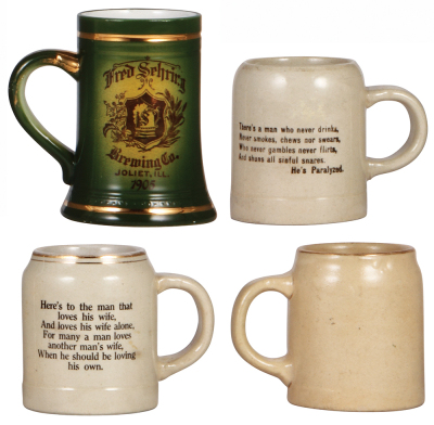 Four brewery mugs, 4.0" to 5.0" ht., 1. porcelain, Fred Sehring Brewing, Co., Joliet, ILL.; 2. & 3., stoneware, Royal Pilsener Beer, Kansas City and Weston, MO.; 4. stoneware, Here's to St. Louis, City Hall, St. Louis, MO., all good condition. - 2