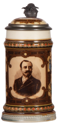 Mettlach stein, .5L, 2136, PUG & etched, Aldolphus Busch, Anheuser Busch Brewing Company, cracks re-glued around base, bottom of handle & lower portion of front scene.