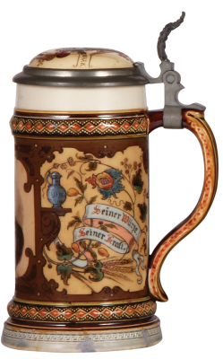 Mettlach stein, .5L, 2136, PUG & etched, Aldolphus Busch, Anheuser Busch Brewing Company, cracks re-glued around base, bottom of handle & lower portion of front scene. - 2