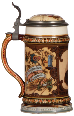 Mettlach stein, .5L, 2136, PUG & etched, Aldolphus Busch, Anheuser Busch Brewing Company, cracks re-glued around base, bottom of handle & lower portion of front scene. - 3