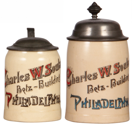 Two pottery steins, .3L, & .5L, transfer, unmarked, Charles W. Soulas, Philadelphia, pewter lids, mint.