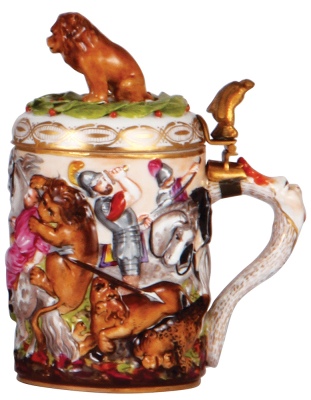 Porcelain stein, .3L, 6.5" ht., hand-painted relief, marked N with crown, Capo-di-Monte, porcelain lid, mint. - 2