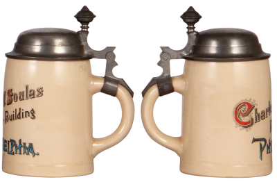 Two pottery steins, .3L, & .5L, transfer, unmarked, Charles W. Soulas, Philadelphia, pewter lids, mint. - 3