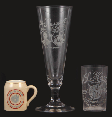 Three advertising items, mug, match strike, 2.3" ht., Hoster, Columbus, O., Welcome 1899, a little gold wear; with, glass, etched, 8.2"ht., The Louis Bergdoll Brewing Co. 60th Anniversary, mint; with, glass, 3.5" ht., etched, The L. Hoster Brewing Co., Co