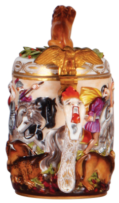 Porcelain stein, .3L, 6.5" ht., hand-painted relief, marked N with crown, Capo-di-Monte, porcelain lid, mint. - 3