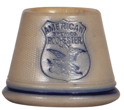 American Brew. Co. match holder, stoneware, 2.9" ht., Whites Utica, incised, blue salt glaze, American Brew. Co., Rochester, N.Y., very good condition.