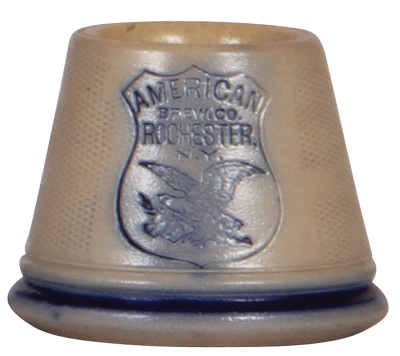 American Brew. Co. match holder, stoneware, 2.9" ht., Whites Utica, incised, blue salt glaze, American Brew. Co., Rochester, N.Y., very good condition. - 3