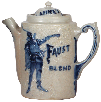 Faust Blend, Blanke's Drip Coffee Pot, stoneware, 9.1" ht., Whites Utica, relief, blue salt glaze, set-on lid, tight hairline on lid, two small chips on inside of top rim.