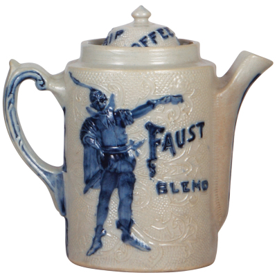 Faust Blend, Blanke's Drip Coffee Pot, stoneware, 9.1" ht., Whites Utica, relief, blue salt glaze, set-on lid, tight hairline on lid, two small chips on inside of top rim. - 2