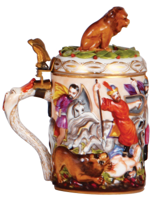 Porcelain stein, .3L, 6.5" ht., hand-painted relief, marked N with crown, Capo-di-Monte, porcelain lid, mint. - 4