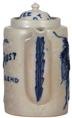 Faust Blend, Blanke's Drip Coffee Pot, stoneware, 9.1" ht., Whites Utica, relief, blue salt glaze, set-on lid, tight hairline on lid, two small chips on inside of top rim. - 3