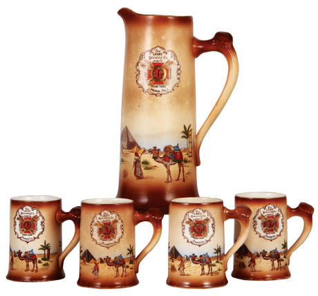 The Leisy Brewing Co. pitcher, pottery 3.0L, 13.1" ht., with four mugs, .5L, marked Haynes Baltimore Pottery, transfer, The Leisy Brewing Co., Peoria, ILL, pitcher has a tight spider line on the underside, one mug has .5" hairline & small chips on the han
