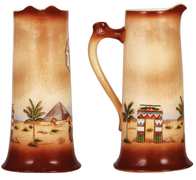 The Leisy Brewing Co. pitcher, pottery 3.0L, 13.1" ht., with four mugs, .5L, marked Haynes Baltimore Pottery, transfer, The Leisy Brewing Co., Peoria, ILL, pitcher has a tight spider line on the underside, one mug has .5" hairline & small chips on the han - 3