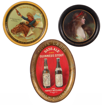 Three advertising tip trays, 4.5" d., National Beer, The National Brewing Co., San Francisco, very good condition; with, 4.3" d., Compliments Christian Feigenspan Breweries, Newark N.J., good condition; with, 4.5" x 6.3", Bass Ale and Guinness Stout, Thom