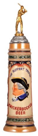Knickerbocker Beer stein, pottery, 3.0L, 23.7" ht., relief, The Ruppert Trophy, Knickerbocker Beer, pewter lid with baseball player finial, mint.