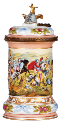 Porcelain stein, .5L, 7.9'' ht., relief hand-painted, marked N with Crown, Capo-di-Monte, porcelain inlaid lid, helmet finial, good repair of wing on finial.