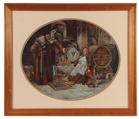 Hoster Brewery Columbus, O. lithograph on paper, framed 26.3" x 22.3", made by Chas. W. Shonk Co. Litho. Chicago, monks in cellar, professionally framed & matted, very good condition, displays well.