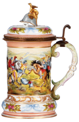 Porcelain stein, .5L, 7.9'' ht., relief hand-painted, marked N with Crown, Capo-di-Monte, porcelain inlaid lid, helmet finial, good repair of wing on finial. - 2