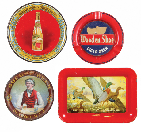 Four advertising tip & ash trays, 5.1" d., Indianapolis Brewing Co. Lieber's Gold Medal Beer, small chips mostly on edge; with, 4.5" d., Wooden Shoe Lager Beer ashtray, small chips; with, 4.3" d., Goebel Beer, Detroit, U.S.A., wear & chipping; with, 6.6"