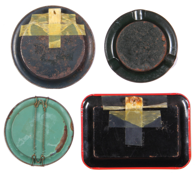 Four advertising tip & ash trays, 5.1" d., Indianapolis Brewing Co. Lieber's Gold Medal Beer, small chips mostly on edge; with, 4.5" d., Wooden Shoe Lager Beer ashtray, small chips; with, 4.3" d., Goebel Beer, Detroit, U.S.A., wear & chipping; with, 6.6" - 2