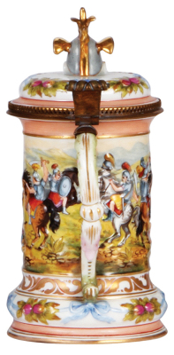 Porcelain stein, .5L, 7.9'' ht., relief hand-painted, marked N with Crown, Capo-di-Monte, porcelain inlaid lid, helmet finial, good repair of wing on finial. - 3