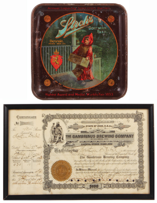 Two items, Stroh's Detroit advertising tray, 13.2" x 13.2", made by The Meek Company Coshocton, O., Stroh's Bohemian Beer, crazing, chipping, dents; with, The Gambrinus Brewing Company, stock certificate, Columbus, Ohio, frame 14.5" x 9.1", dated 1904, go
