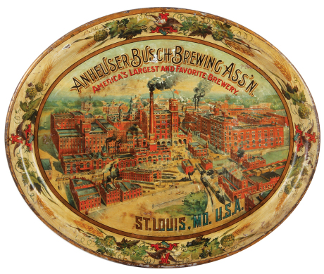 Anheuser-Busch Brewing Ass'n, St. Louis, Mo. advertising tray, 18.7" x 15.6", made by Standard Adv. Co., Coshocton, O., America's Largest and Favorite Brewery, front has chipping & small scratches, rear has scratches.