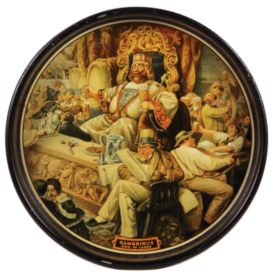 Gambrinus advertising tray, 13.2" d., trademark: Am. Can Co., N.Y. & Chicago, minor scratches, very small hole near 12:00, inner tray edge has been painted.