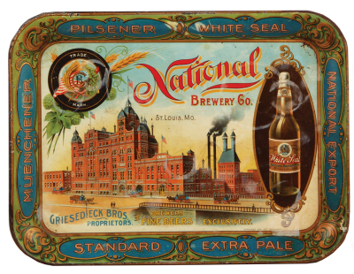 National Brewery Co. St. Louis, Mo. advertising tray, 10.2" x 13.7", Griesedieck Bros. Proprietors, White Seal, some wear at edge and some round moisture stains on tray surface.