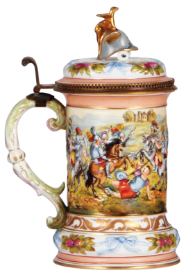 Porcelain stein, .5L, 7.9'' ht., relief hand-painted, marked N with Crown, Capo-di-Monte, porcelain inlaid lid, helmet finial, good repair of wing on finial. - 4