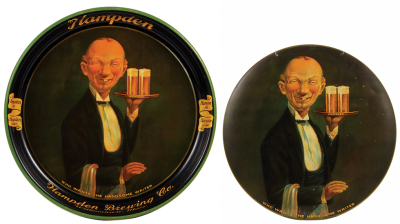 Two items, Hampden advertising tray, 13.0" d., made by H.B. Co. 1934, Hampden Brewing Co. Willimansett, Mass, light wear on edge, otherwise very good condition; with, Hampden advertising sign, 10.8" d., Who wants the handsome waiter, minor dents on top ri