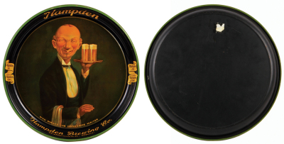 Two items, Hampden advertising tray, 13.0" d., made by H.B. Co. 1934, Hampden Brewing Co. Willimansett, Mass, light wear on edge, otherwise very good condition; with, Hampden advertising sign, 10.8" d., Who wants the handsome waiter, minor dents on top ri - 2