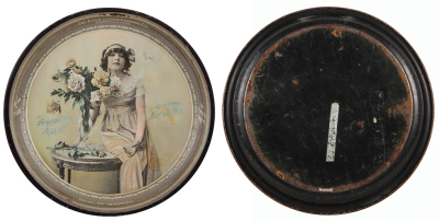 Two advertising trays, The Simon Linser Brewing Co., 13.6" d., made by Kaufmann & Strauss Co. N.Y., Zanesville, Ohio, crazing, faded & chipping; with, Christian Feigenspan Brewing Co., 13.3" d., made by A. C. Co. 71. A., Newark, N.J., P.O.N., chipping & r - 2