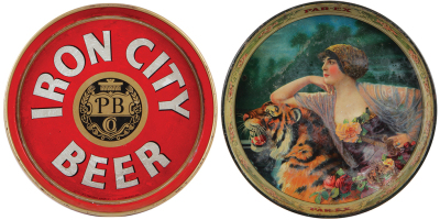 Two advertising trays, Iron City Beer, 11.9" d., Pittsburgh Brewing Co., Pittsburgh, Pa., wear on edge, residue on tray; with, Par-Ex, 12.1" d., made by Kaufmann & Strauss Co., N.Y., surface wear & scratches, chipping.