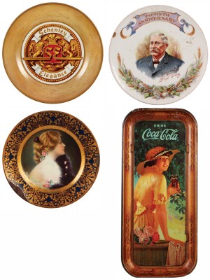 Four advertising items, tray, Schenley Elegance, 10.0" d., good condition; with, porcelain plate, 9.7" d., Fred Krug Brewing Co., 1859 - 1909, chip, scratches; with, 9.6" d., Schwarzbach Brewing Co., Hornell, N.Y., large chips on edge; with, tray, Coca Co