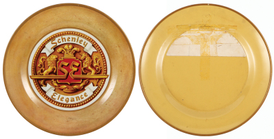 Four advertising items, tray, Schenley Elegance, 10.0" d., good condition; with, porcelain plate, 9.7" d., Fred Krug Brewing Co., 1859 - 1909, chip, scratches; with, 9.6" d., Schwarzbach Brewing Co., Hornell, N.Y., large chips on edge; with, tray, Coca Co - 2