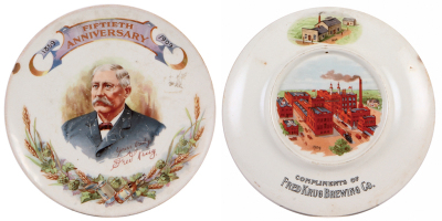 Four advertising items, tray, Schenley Elegance, 10.0" d., good condition; with, porcelain plate, 9.7" d., Fred Krug Brewing Co., 1859 - 1909, chip, scratches; with, 9.6" d., Schwarzbach Brewing Co., Hornell, N.Y., large chips on edge; with, tray, Coca Co - 3