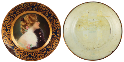 Four advertising items, tray, Schenley Elegance, 10.0" d., good condition; with, porcelain plate, 9.7" d., Fred Krug Brewing Co., 1859 - 1909, chip, scratches; with, 9.6" d., Schwarzbach Brewing Co., Hornell, N.Y., large chips on edge; with, tray, Coca Co - 4