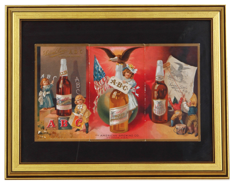 American Brewing Co., St. Louis, Mo. U.S.A. tri-fold card, framed 13.4" x 10.6", vintage paper in good condition, modern professional framing is excellent.
