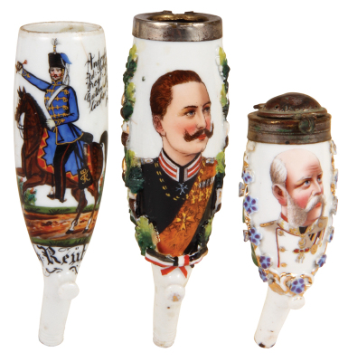 Three porcelain pipe bowls, German Imperial Regiment, Husar Nr. 9, 1861, 1" hairline; with, Wilhelm II, 2" hairline; with, Franz Josef, small chips.