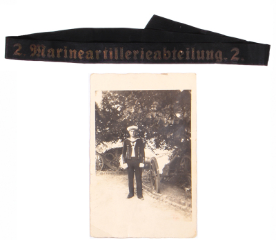 Third Reich cap ribbon, 40" long, 2. Marineartillerieabteilung. 2., good condition, but color of lettering is faded; with a photograph of the original owner.
