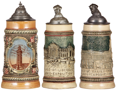 Three Diesinger steins, pottery, all St. Louis, .5L, transfer & relief, Tower on Manufacturers Building 1904; with, .5L, relief, Palace of Liberal Arts 1904, lid dented; with, .5L, relief, Palace of Varied Industries 1904, lid dented, all have pewter lids