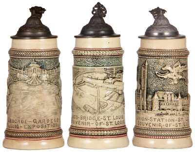 Three Diesinger steins, pottery, all St. Louis, .5L, relief, Cascade Gardens 1904; with, .5L, relief, Eads Bridge; with, .5L, relief, Union Station, all have pewter lids, very good condition.